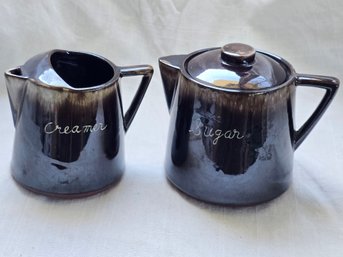 Vintage Made In Japan Black Brown Drip Glaze Creamer & Sugar Set Script Lettering MCM