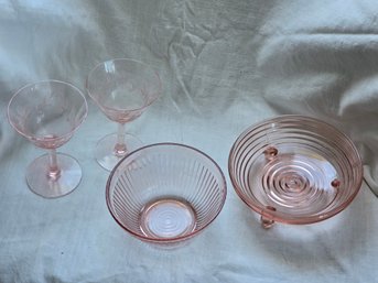 : Vintage Pink Depression Glass Lot Ribbed Footed Bowl Berry Bowl Etched Coupes Set Of 4