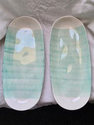 Hand Painted Turkish Ceramic Oval Serving Platters Seafoam Teal Stripe White Set Of 2