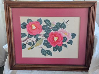 Vintage Framed Needlework Bird Camellia Dragonfly Floral Pink Mat Wood Frame 18.5x22.5