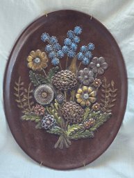 Vintage Oval Ceramic Wall Plaque Hand Painted Relief Floral Bouquet Brown