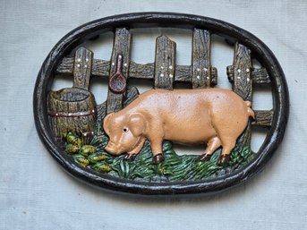 Vintage Cast Iron Painted Pig Farmyard Oval Trivet Hot Plate Figural