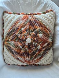 Vintage Handknit Pinwheel Throw Pillow Harvest Colors Orange Green Brown Cream