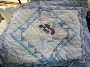 Vintage Applique Quilt Set Full Queen Duck Nature Blocks Blue White 2 Shams