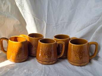 Vintage Franciscan Wheat Ceramic Mugs Set Of 5 Amber Brown Embossed Stoneware