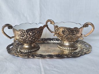 Vintage Japanese Silver-Plate Repousse Rose Floral Cream Sugar Set With Tray 3p