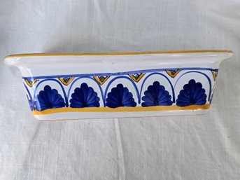 Vintage Italian Majolica Ceramic Loaf Pan Blue Cobalt Fan Motif Hand-Painted 10.5'