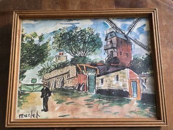 Vintage Elisee Maclet Montmartre Windmill Village Scene Framed Print 10x8'
