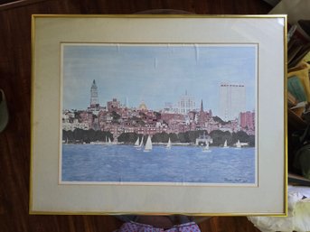 Thurman Smith 1967 Signed Boston Skyline Charles River Sailboats Framed Print 28x22'
