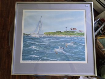 Karen Rinaldo Signed Cape Cod Print 'Nobska Light Woods Hole' Seagulls Sailboat Lighthouse 22x20'