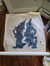 Vintage Thai Temple Rubbing Dancing Figures Blue On Rice Paper 21x24'