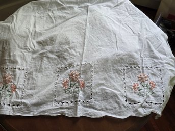 White Cotton Valance Pair Pink Floral Embroidery Cutwork Scallop Hem 36'