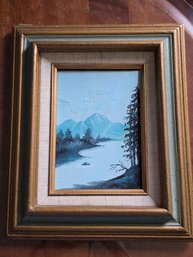Vintage Small Original Lake Huron Oil Painting Mountain Lake Landscape Blue Tones Gold Frame Canvas 10x12