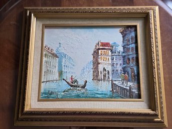 Vintage Caroline Burnett Original Oil Painting Venice Canal Gondola Scene Impasto Canvas Gold Frame 14x12