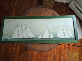 Vintage David Carter Brown Sailing Ships Schooner Folk Art Print Framed Green Wood Nautical