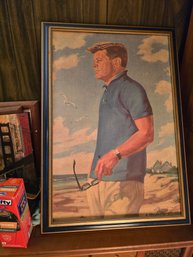 Vintage R. Mondello JFK Kennedy Hyannis Port Beach Signed Chromolithograph Canvas Framed 34x23
