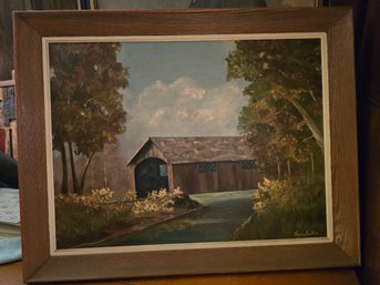 Vintage Linda Austin Signed Oil On Canvas Covered Bridge Landscape Painting Framed 22x28