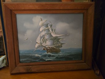Vintage Ronald Signed Oil On Canvas Tall Ship Clipper Nautical Seascape Painting Framed 20x16