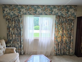 Vintage MCM Custom Drapes Cornice Valance Set Pheasant Botanical Toile Blue Gold 80'L Cornice 124x22'