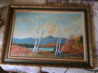 Vintage Oil Painting Signed Stevens Mt Chocorua New England Autumn Birch Lake Mountain Landscape 43x31
