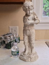 Vintage Resin Garden Statue Boy With Bird Figurine White 20' Indoor Outdoor Decor