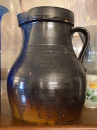 Antique Stoneware Batter Jug, Brown Slip Glaze, Applied Handle, Strap Spout, 10'