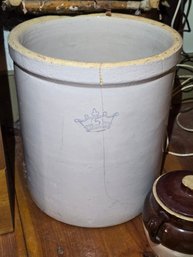 Antique Robinson Ransbottom Stoneware Crock, Cobalt Crown & '5' Mark, Salt Glaze, Hairline Crack