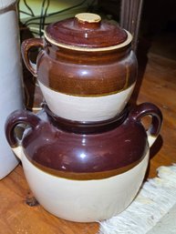 Antique Stoneware Bean Pot Pair, Brown Top, Double Handled, USA Stamp, 2pc Lot