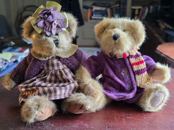 Vintage Boyd's Bears Plush Teddy Bear Pair In Purple Autumn Outfits, 8'
