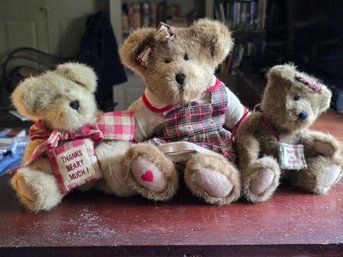 Vintage Boyd's Bears Plush Teddy Bear Trio W Plaid Dress, 'Thanks Beary Much' Gift & 'Bearly An Angel' Apron