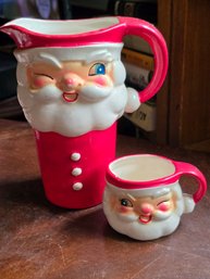Vintage 1964 Howard Holt Japan Santa Claus Pitcher Mug Set Winking Face 2pc