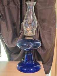 Vintage Cobalt Blue Glass Kerosene Oil Lamp With Burner & Chimney, 18'