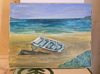 Vintage Original Coastal Seascape Painting On Canvas Rowboat Beach 20x16
