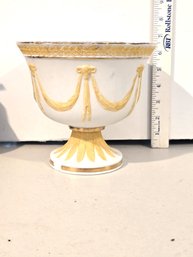 Vintage Neoclassical Porcelain Pedestal Bowl Gold Gilt Ram Head Swag