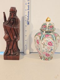 Vintage Otagiri Gallery Ginger Jar & Carved Wood Scholar Figurine Lot