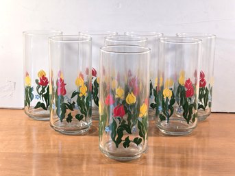 Vintage Red Yellow Tulip Drinking Glasses Lot Of 8 Tumblers Juice Glasses Blue Forget Me Not Floral