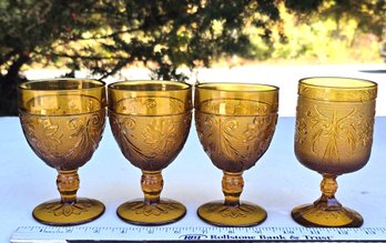 Vintage Indiana Glass Co. Tiara Sandwich Amber Glass  3 Goblets & 1 Footed Tumbler