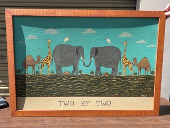 Vintage Framed 'Two By Two' Noah's Ark Animals Folk Art Painting - Signed Pat Welch