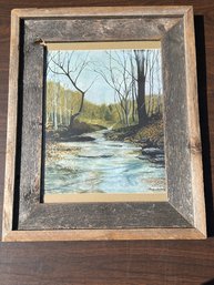 Vintage Forest Stream Landscape Painting - Signed Mike Creech - Rustic Barnwood Frame