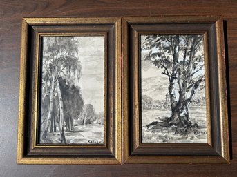 Pair Of Original Black & White Landscape Paintings - Signed