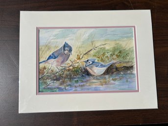 Signed Watercolor Mr & Mrs Bluejay Bird Painting Original Art Matted