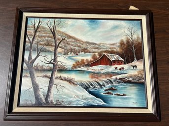 Vintage Oil Painting Winter Farm Landscape Signed P. Welch