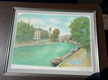 Vintage Signed Limited Edition Paris River Scene Print 44/150 Framed