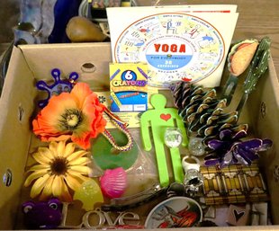Assorted Household, Craft & Decorative Items Lot – Yoga Booklet, Crayons, Faux Florals & More