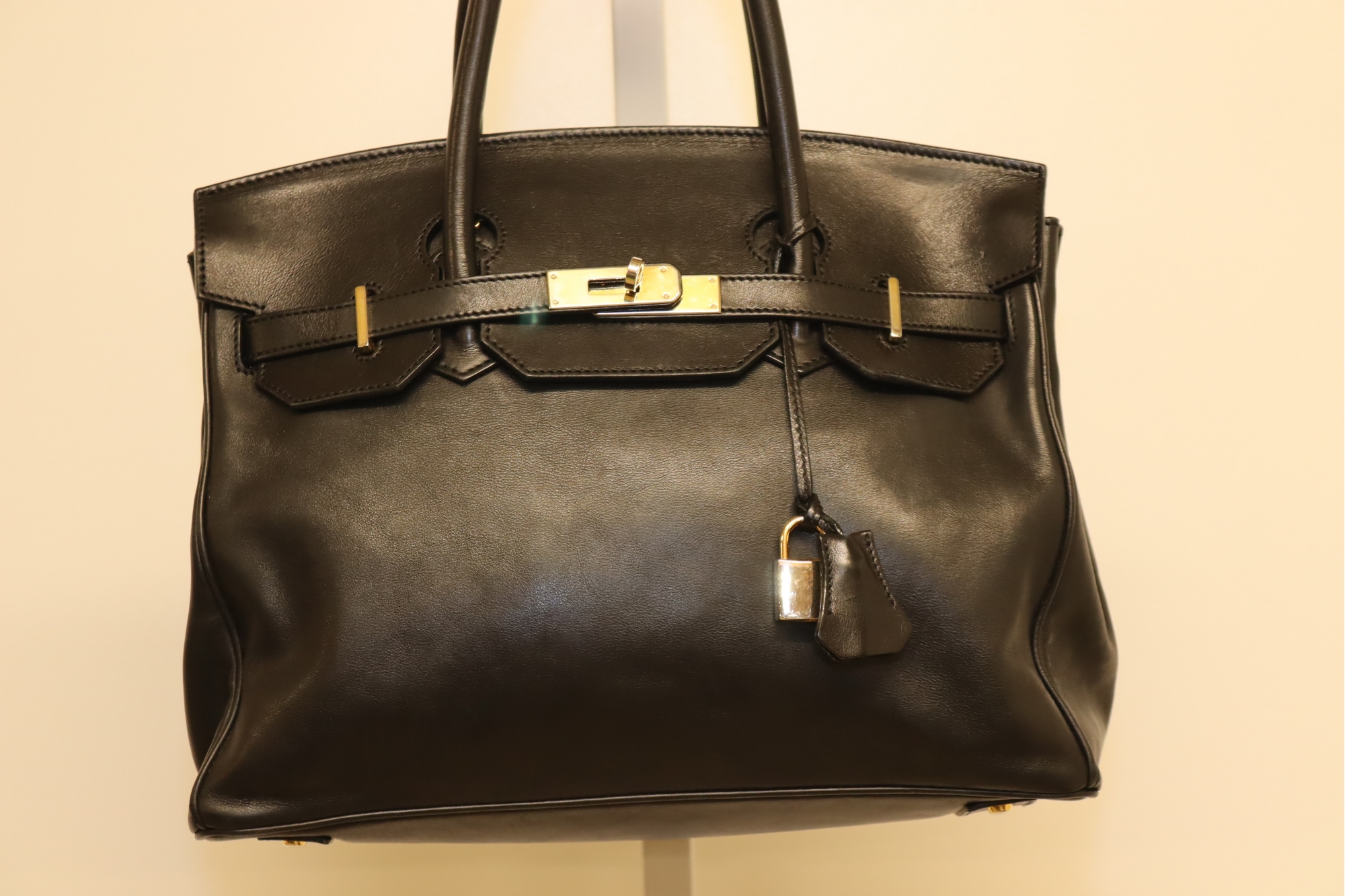 XXI Secolo Black Leather Birkin Bag Style Handbag Purse #9403  