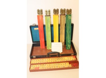 Vintage CARDINAL MAH Jongg Set 4 Catalin Racks 153 Tiles Faux Croc WOOD Case