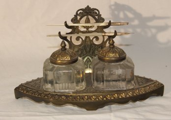 Antique Brass Double Inkwell