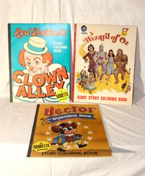 3 Vintage Giant Story Coloring Books: Wizard Of Oz, Clown Alley, Hector Bicentennial Mouse!