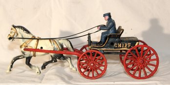 Vintage Cast Iron Toy Horse-drawn Police Chief Wagon.