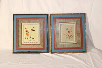 Pair Of Vintage Asian Chinese Handmade Silk Embroidery Art Pieces